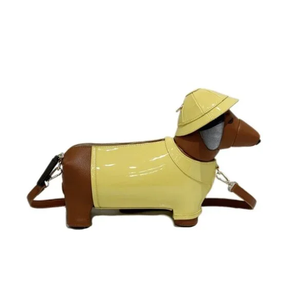 Novelty Dachshund Weiner Dog Crossbody Purse Yellow Raincoat Hat - Picture 2 of 7